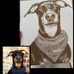 A custom pet portrait collage showing a real Manchester Terrier dog in the bottom-left inset and the resulting black-and-white engraved sketch of the dog wearing a herringbone bandana on the main sheet, set against a black background with a Pic Collage watermark.