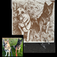 A custom engraved print of two German Shepherd dogs wearing collars and leashes, displayed on a black surface with a small inset photo of the actual dogs wearing matching collars and leashes on grass.