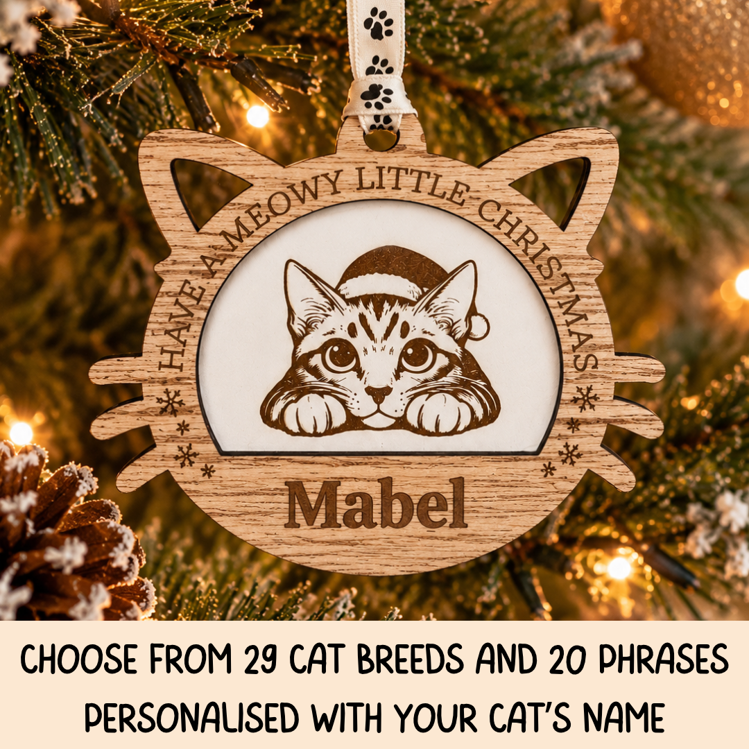 Personalised Cat Christmas Decorations | Wooden Cat Baubles